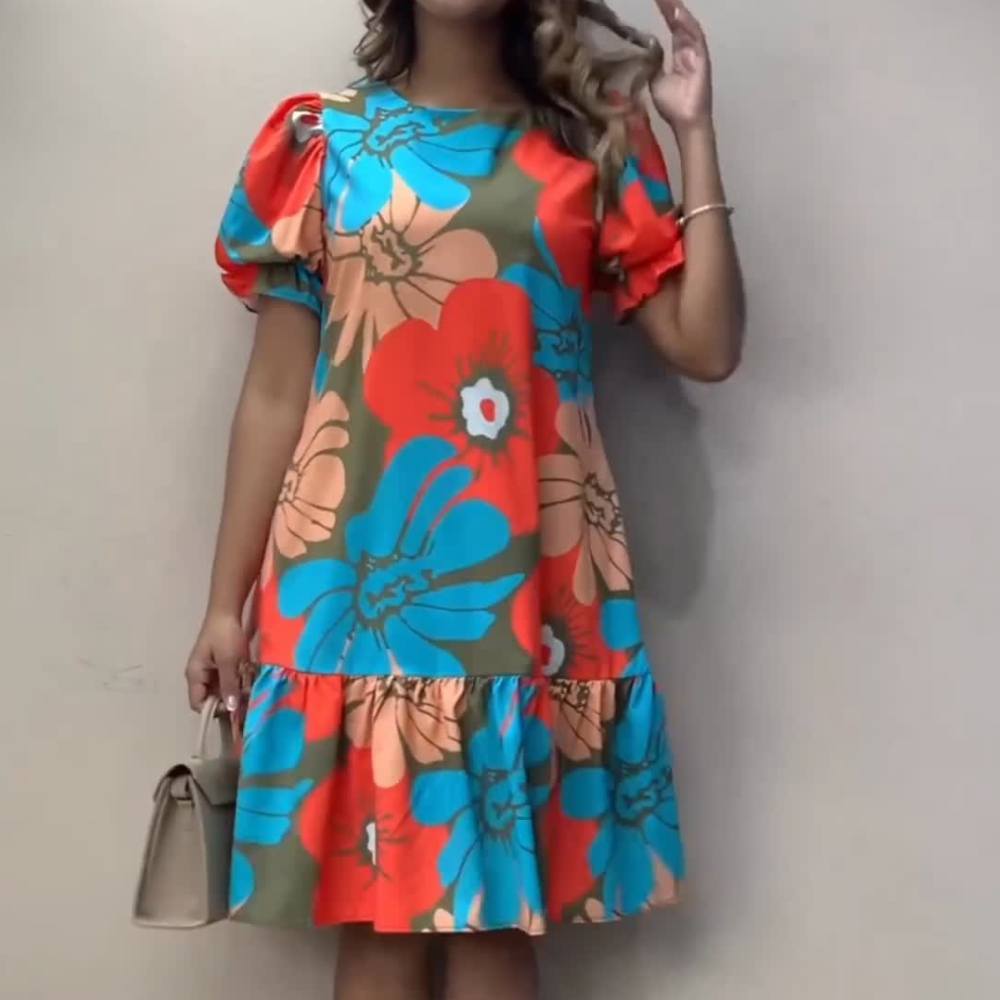 Colorful Floral Puff Sleeve Printed Midi Dress