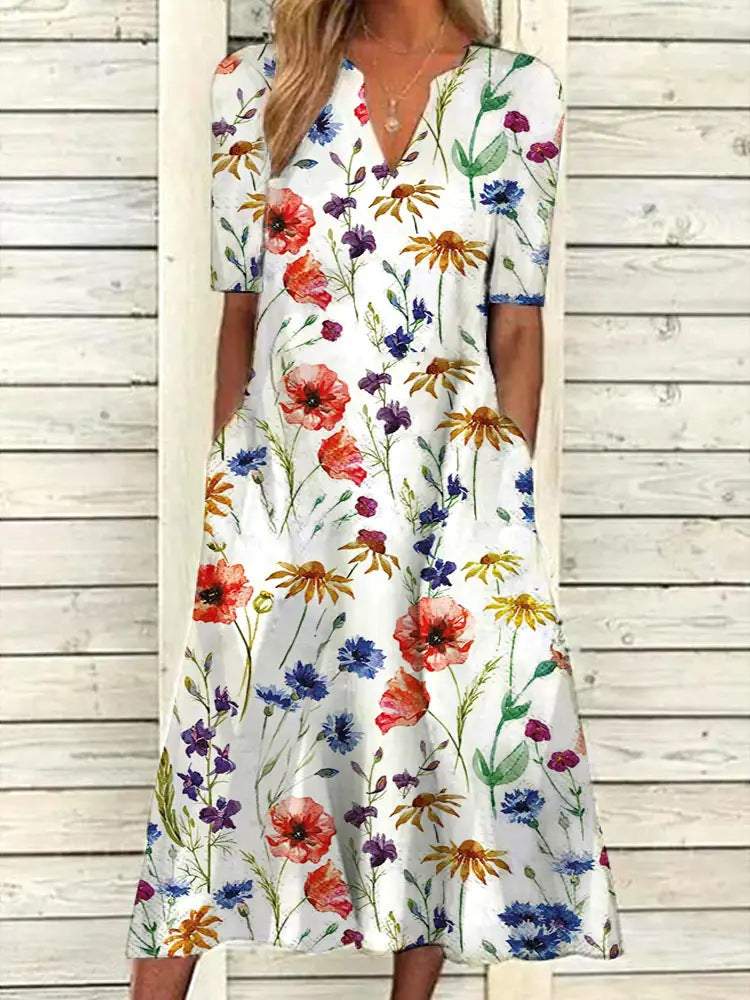 V-Neck Printed Midi Dress