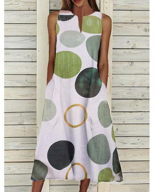 Green Printed V-neck Sleeveless Dress