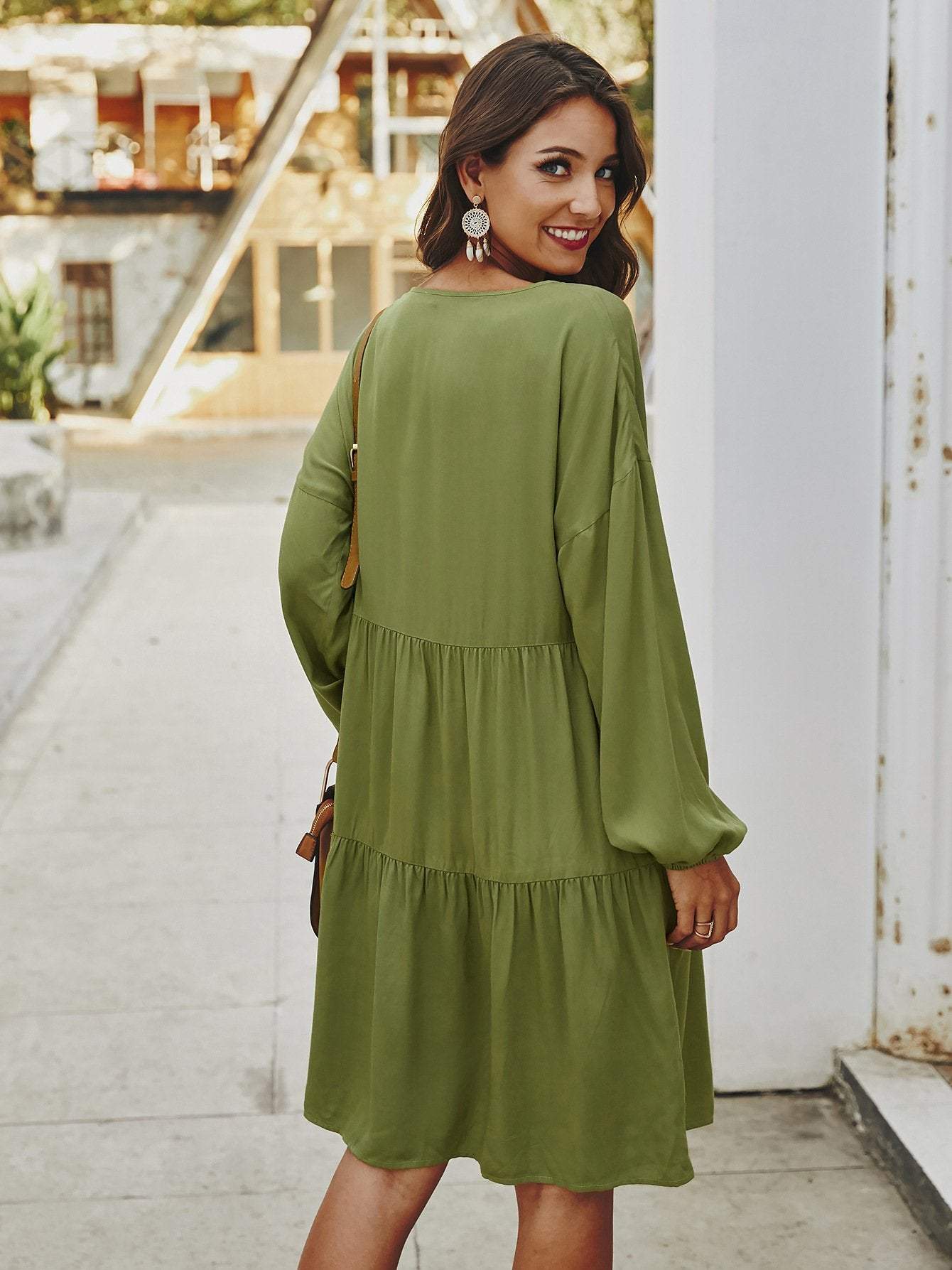 Groovy Long Sleeve Plain Green Mini Dress