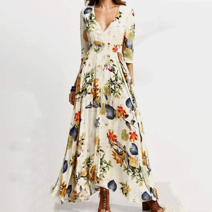 Ivory 3/4 Sleeve V-Neck Maxi Dress
