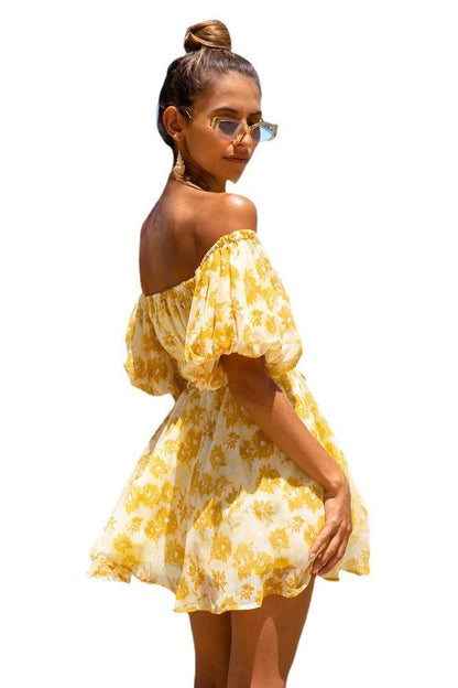 Off Shoulder Elastic Shrink Digital Print Fluffy Dress
