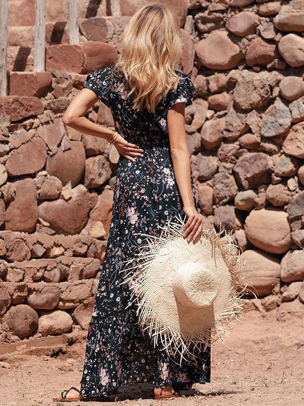 Deep V Sleeveless Printed Medium Length Dress
