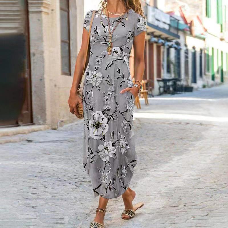 Gray Floral Print Short Sleeve Maxi Dress