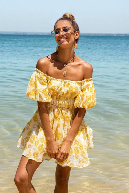 Off Shoulder Elastic Shrink Digital Print Fluffy Dress