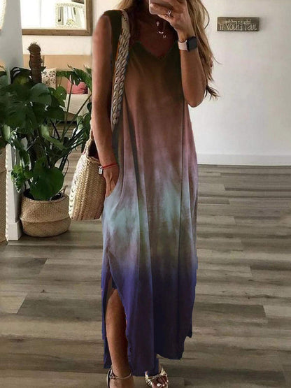 V-neck tie-dye printed sleeveless long dress