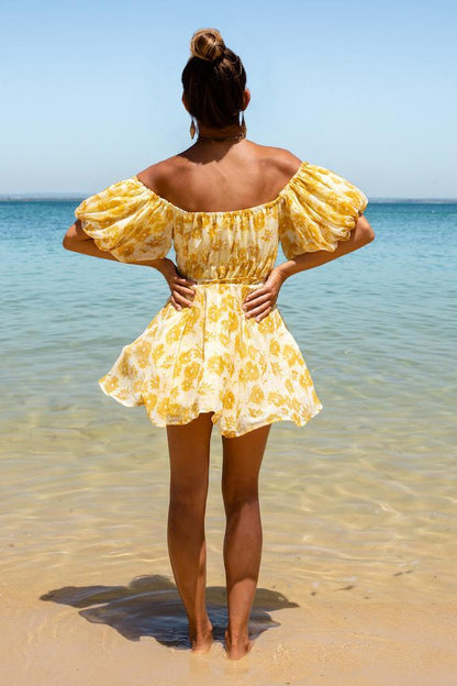 Off Shoulder Elastic Shrink Digital Print Fluffy Dress