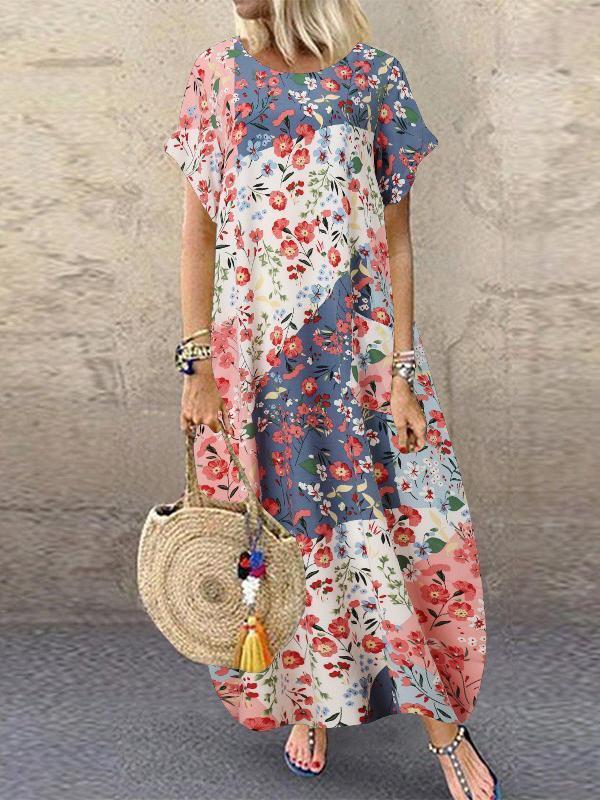 Floral Printed Short Sleeve O-neck Maxi Dress