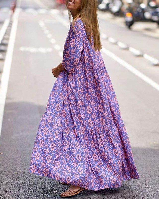 Purple V-neck Printed Short Sleeve Dress