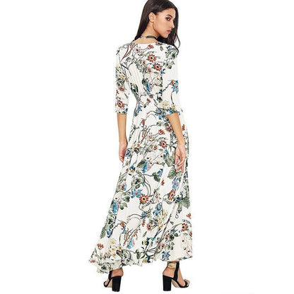 Ivory 3/4 Sleeve V-Neck Maxi Dress