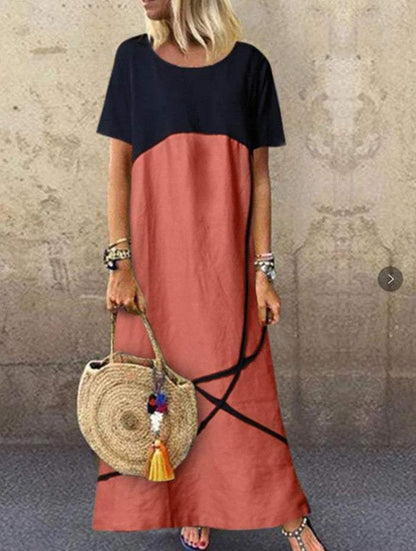 Casual Vintage Colorblock Crew Neck Short Sleeve Maxi Dress
