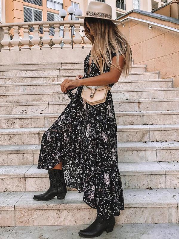 Deep V Sleeveless Printed Medium Length Dress