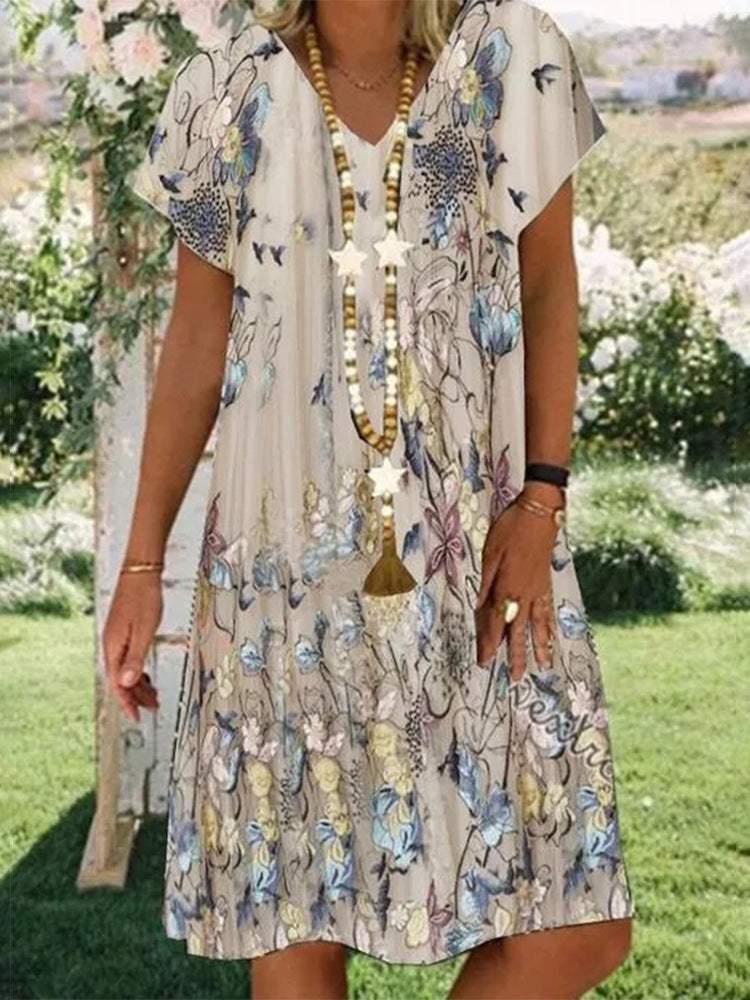 Khaki Short Sleeve Print Mini Dress