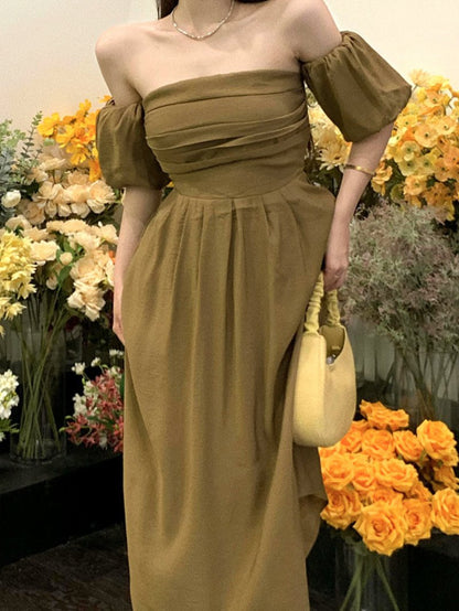 Fff-the-shoulder ruffled midi